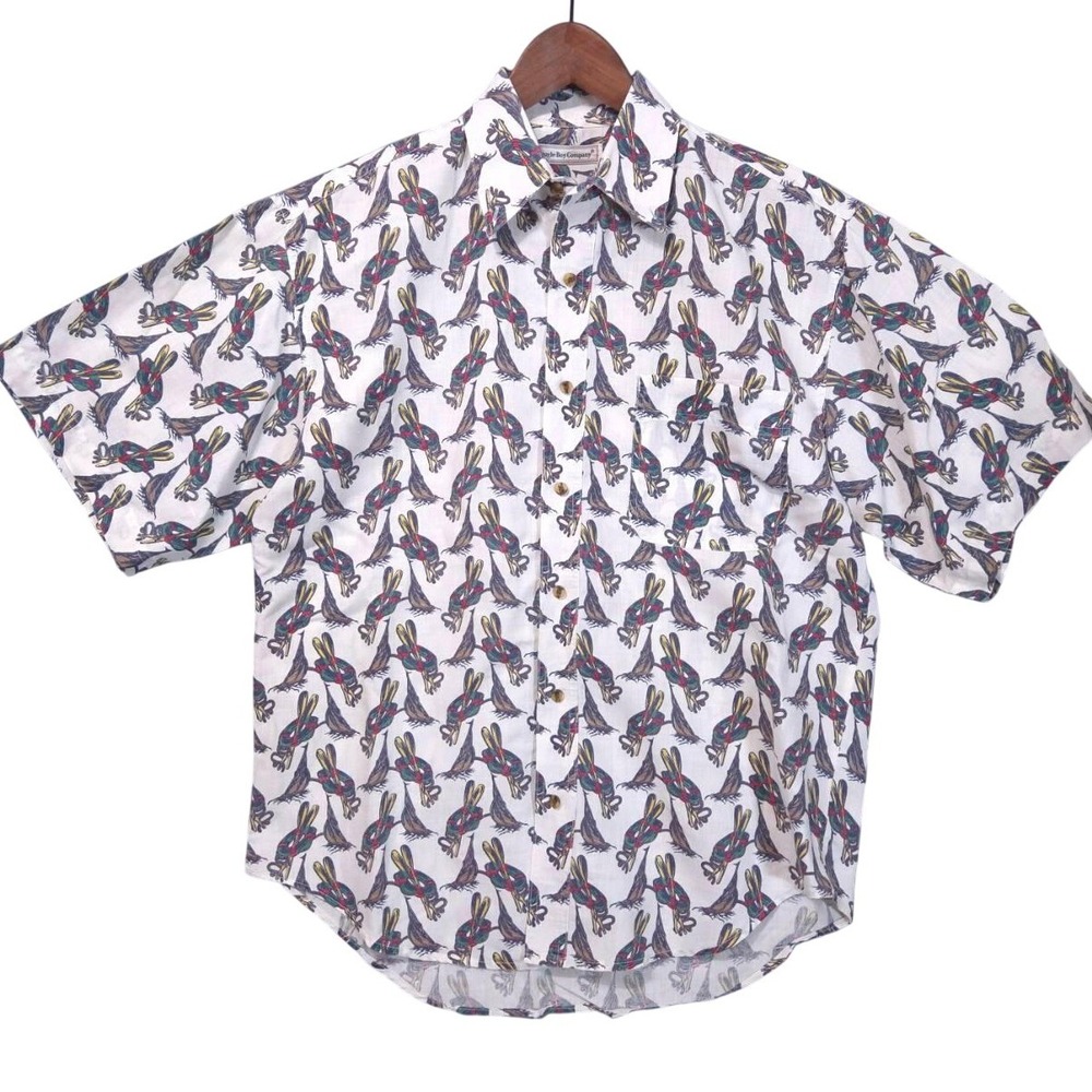 Vtg Bugle Boy Co Bird‎ All Over Print Shirt Ramie Mens M Linen-Look Preppy 90s